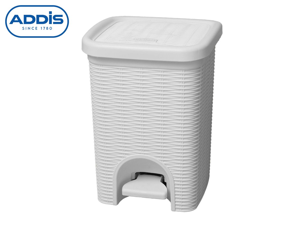 A white Addis step-on trash can.