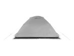 Grey tunnel tent with guy ropes, front view.