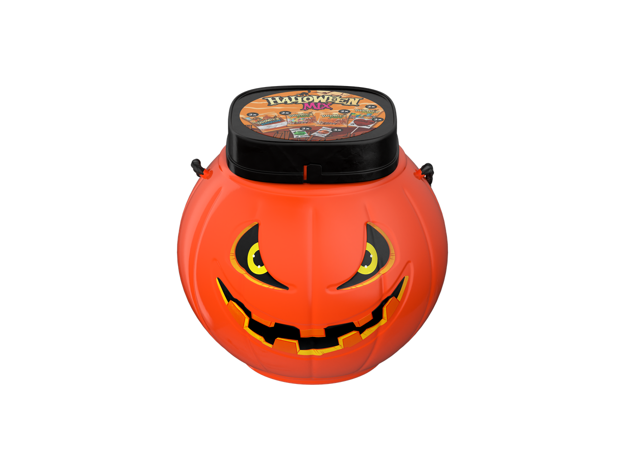 Moliūgo formos saldainių kibiras su užrašu „HALLOWEEN MIX“ ir saldainių pakuotėmis.