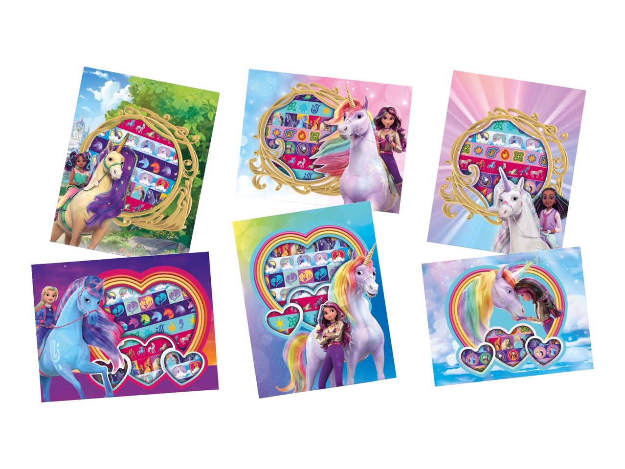 Six fantasy-themed cards featuring girls and unicorns, some with heart or ornate frames.