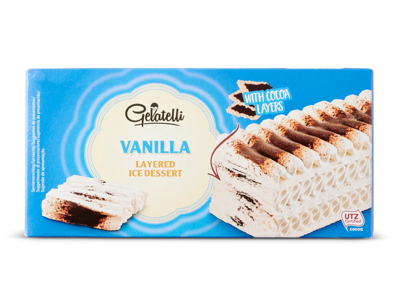 Gelatelli vanille: gelaagd ijsdessert met cacao.