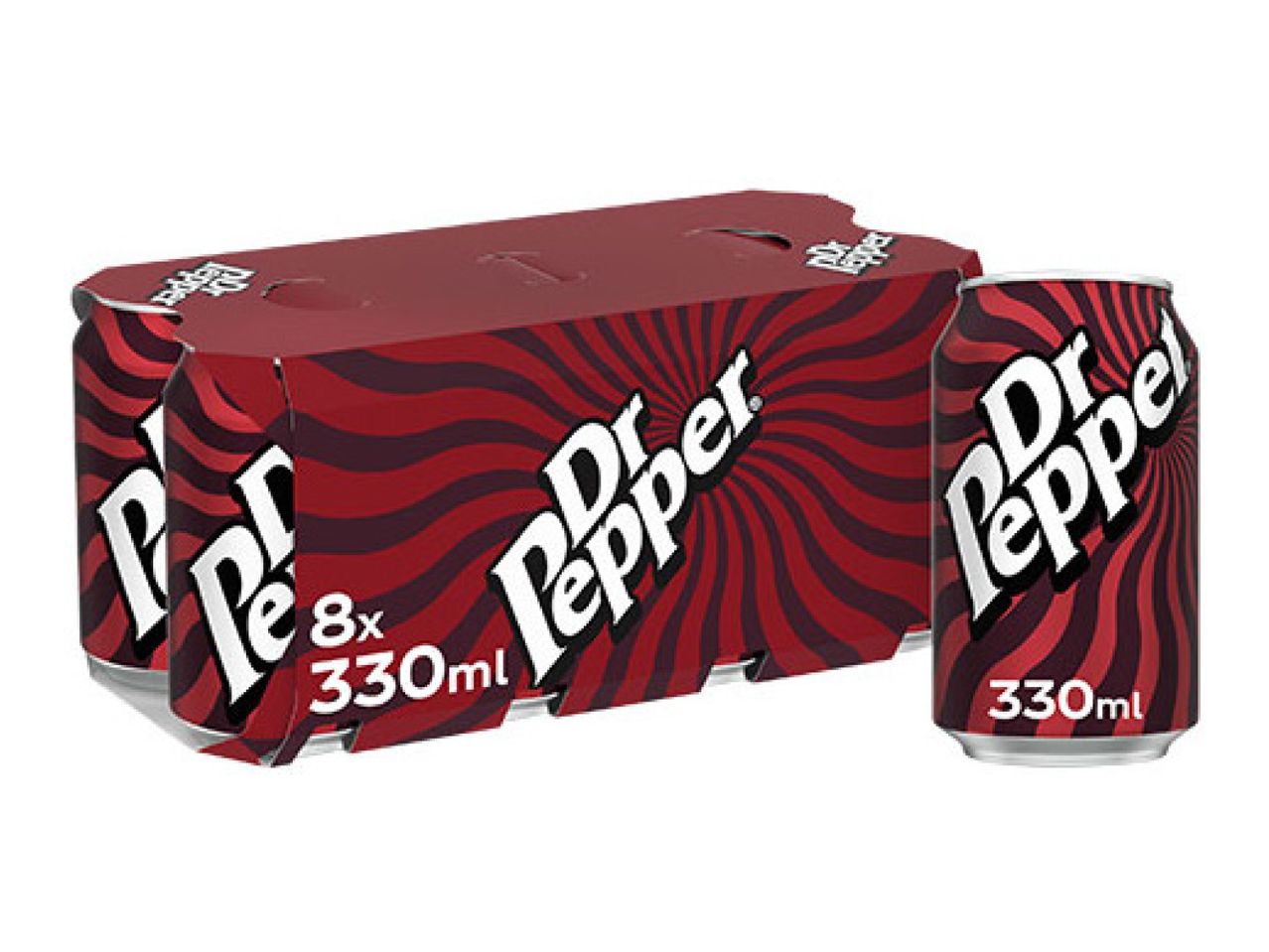Eight-pack of soda cans in a red and black striped cardboard box, with one can standing separately.