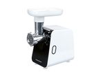 SilverCrest electric meat grinder in white and black with a metal grinding head