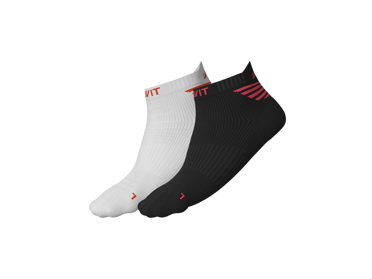 Par sportskih čarapa CRIVIT, jedna bela i jedna crna, sa crvenim detaljima.