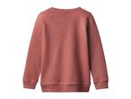 Back view of a plain, long-sleeved, dusty rose-colored sweatshirt with ribbed cuffs and hem.