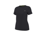 T-shirt de sport noir pour femme avec un petit logo gris sur la poitrine et un liseré vert fluo au col.