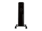Black oil-filled radiator with adjustable dials and wheels