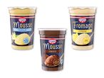 Tre desserter: vaniljemousse, chokolademousse og citronfromage.