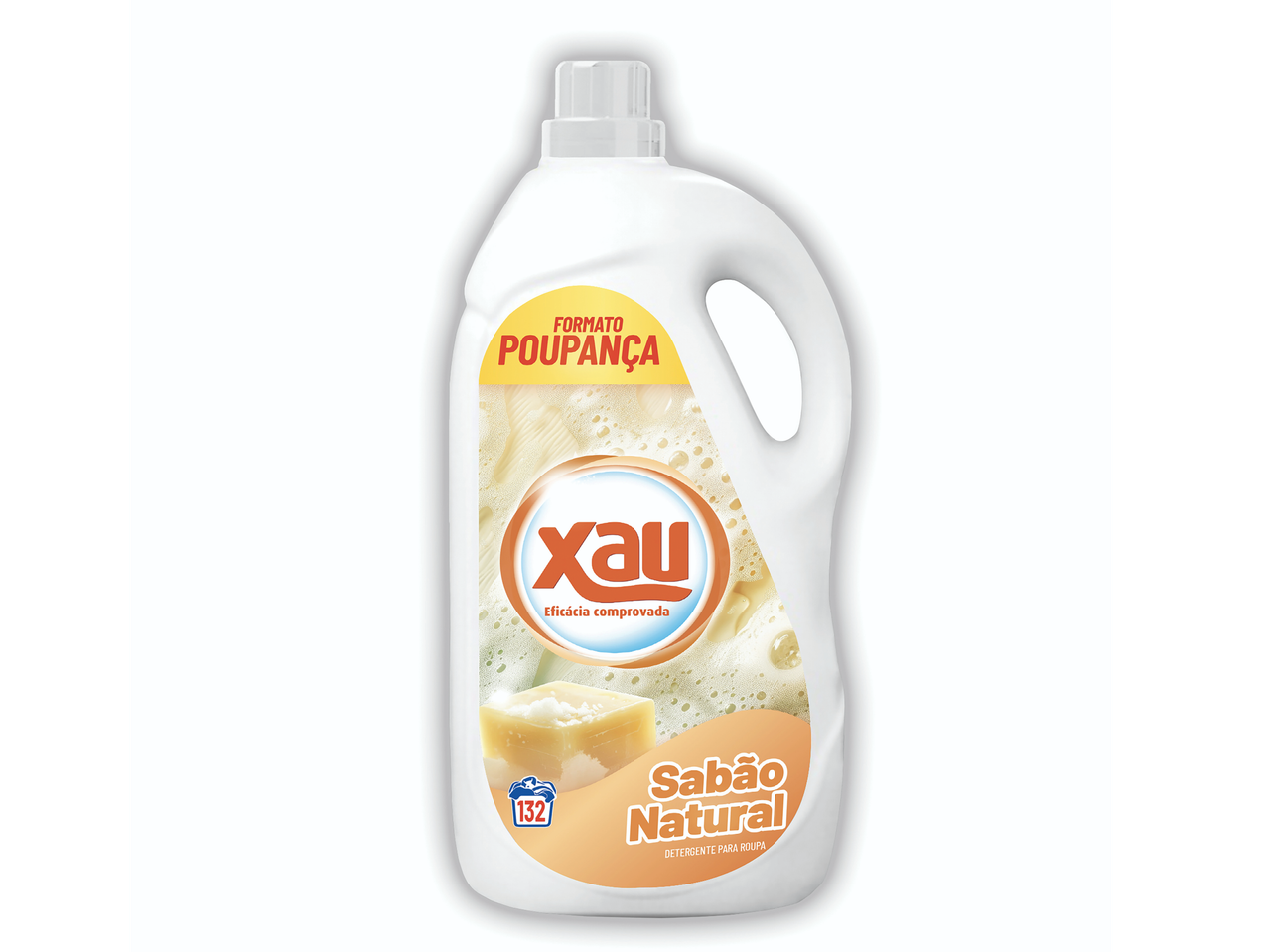Detergente líquido Xau Sabão Natural em embalagem de poupança, com imagem de sabão em barra.