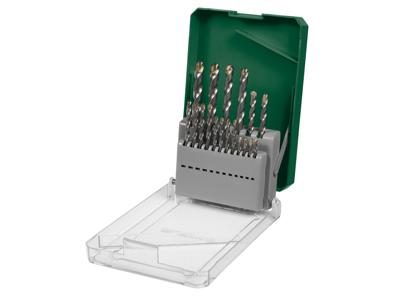 Parkside® grąžtų rinkinys atvirame žaliai-pilkame dėkle.