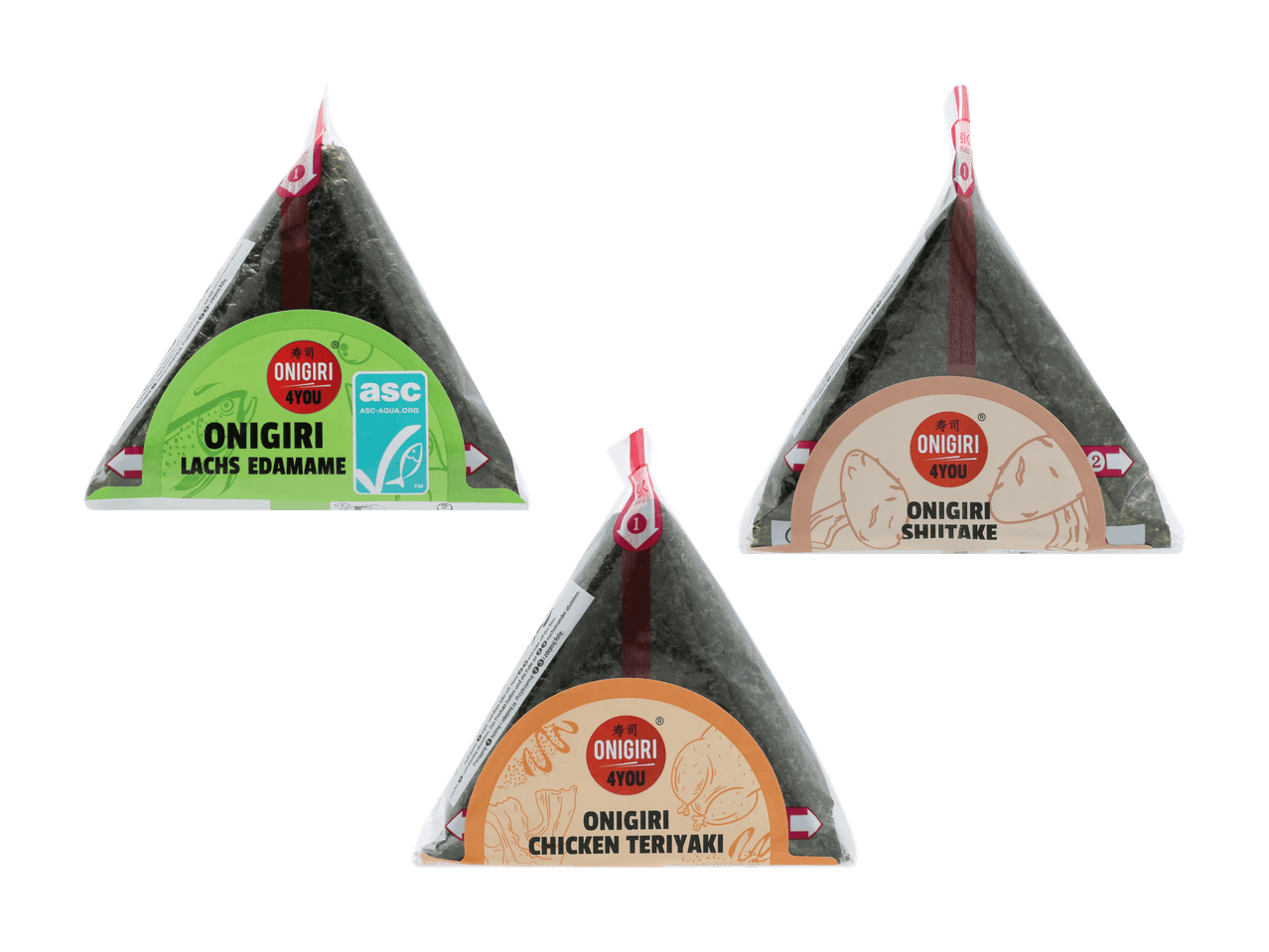 Trois onigiri triangulaires emballés : Saumon Edamame, Shiitake et Poulet Teriyaki.