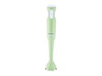 Light green immersion blender with white buttons and top, standing upright.