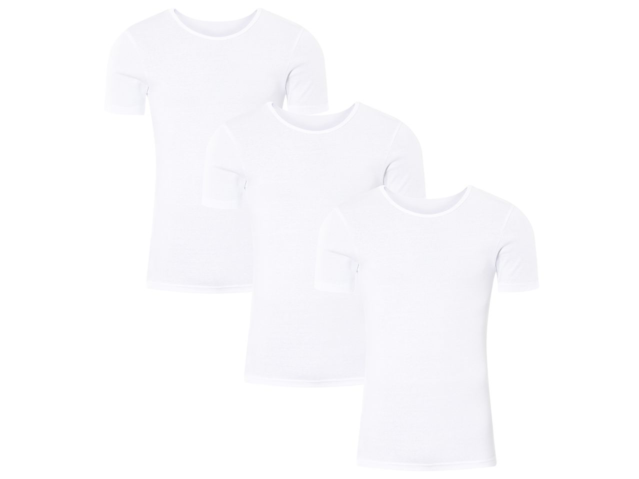 Three white short-sleeved undershirts with a round neck, stacked diagonally.