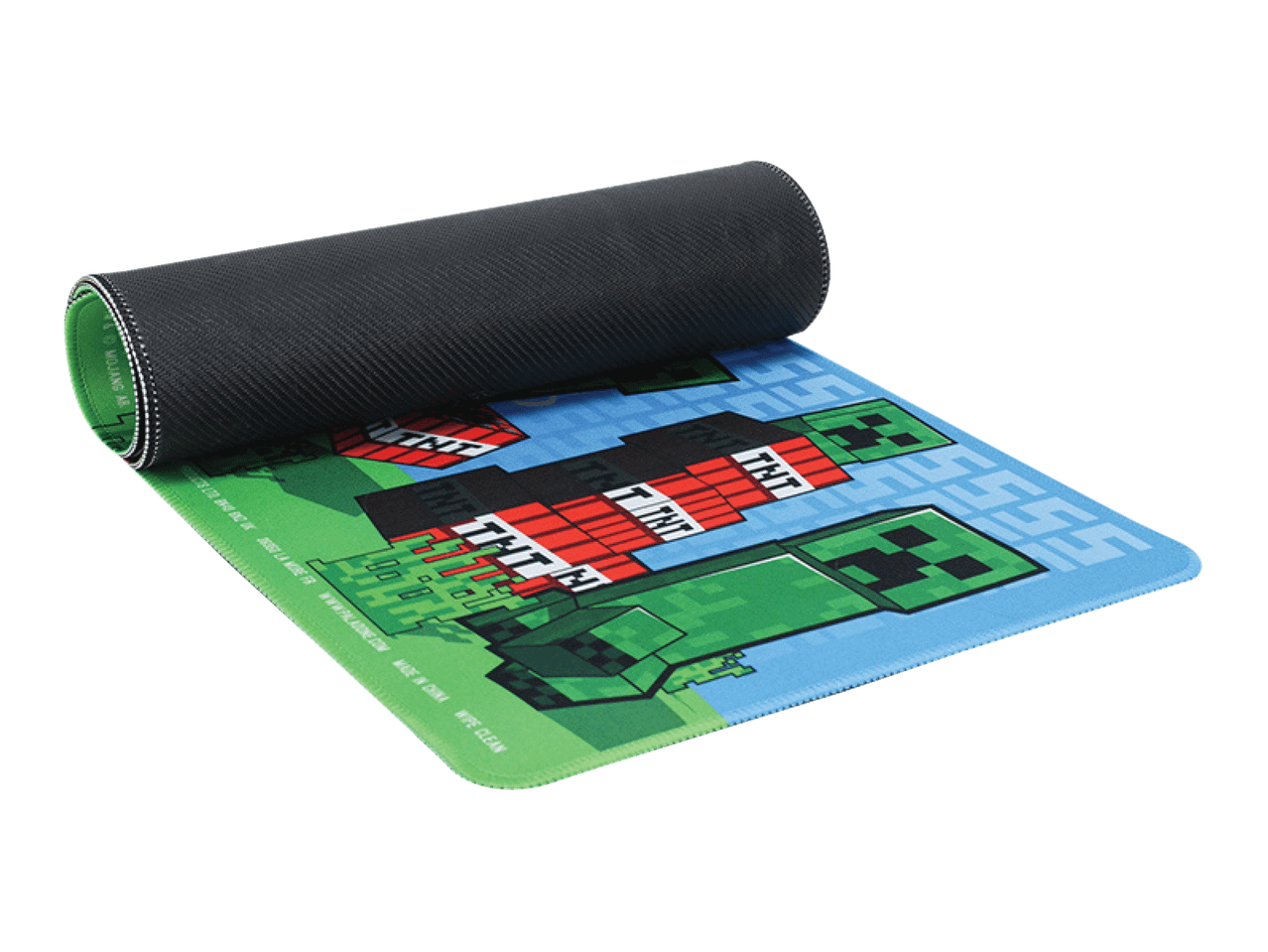 Minecraft pelės kilimėlis su TNT blokais ir Creeper personažais, iš dalies susuktas.