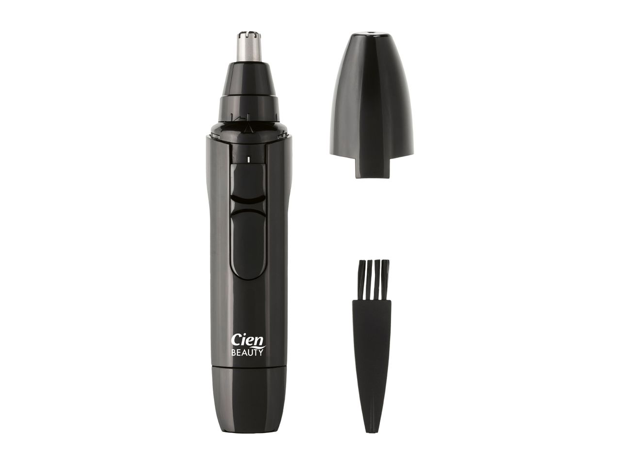 Cien Beauty nose and ear hair trimmer with protective cap and cleaning brush.