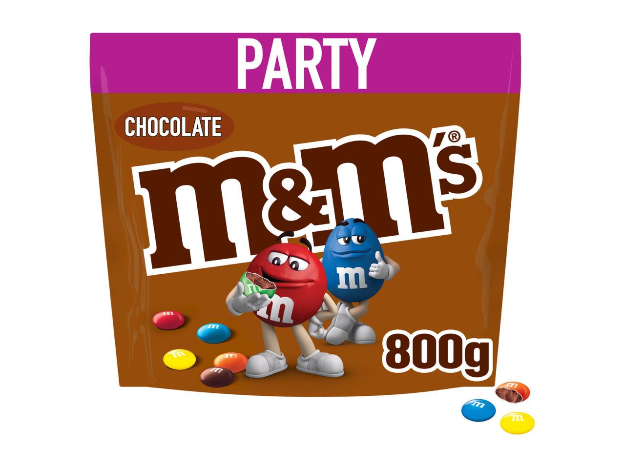 Party-sized bag of chocolate candies with cartoon characters, 800g.