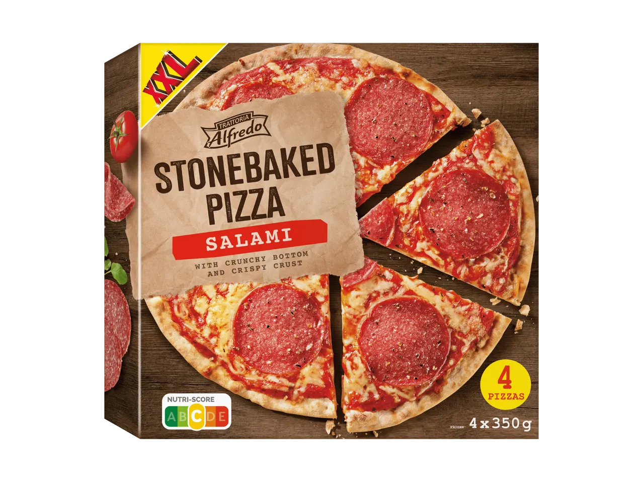 Paquet de pizzas au salami cuites sur pierre, 4 pizzas de 350g, Nutri-Score A.