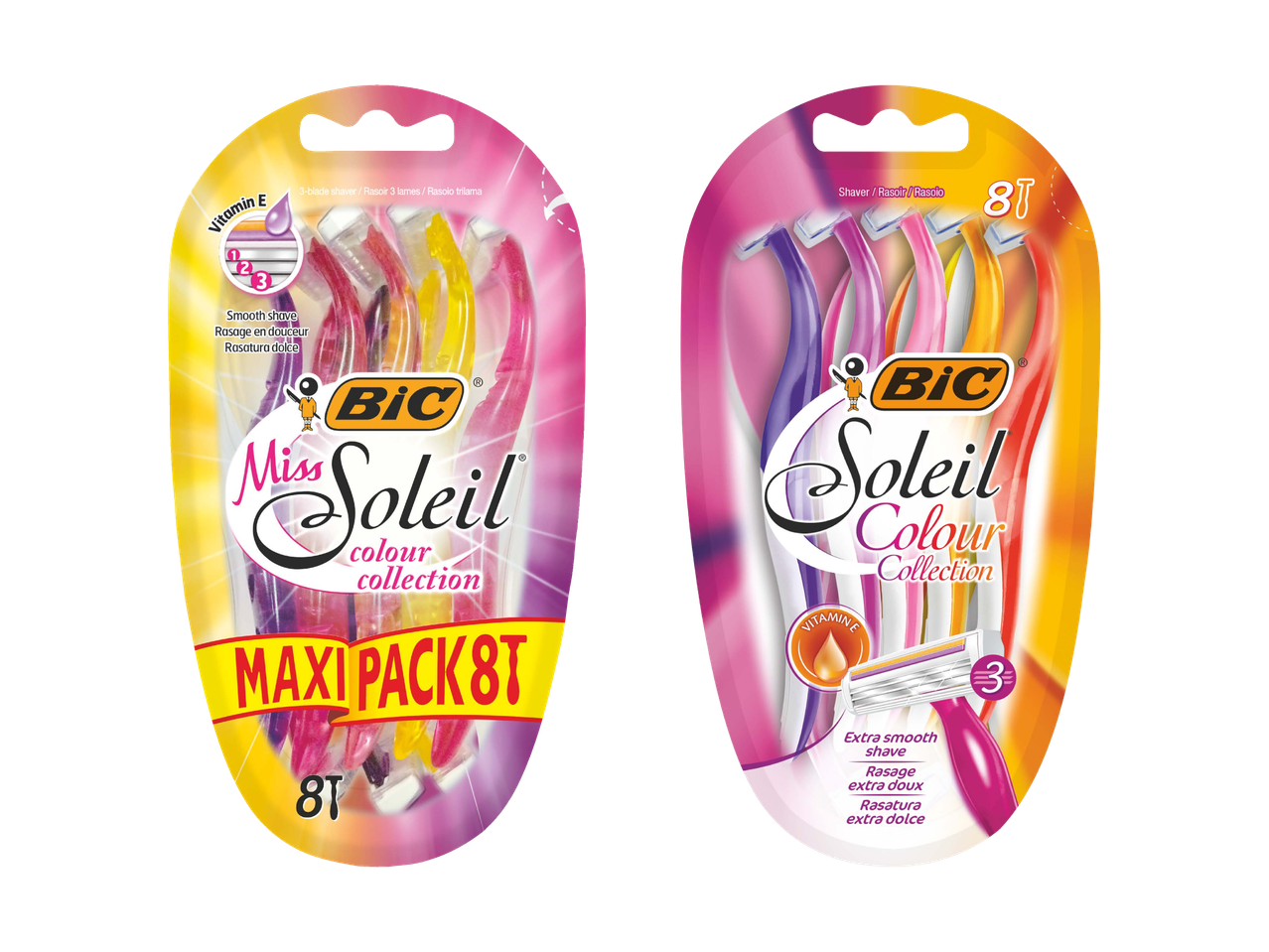 Bunte Damenrasierer-Packungen mit 3 Klingen und Vitamin E für eine sanfte Rasur.