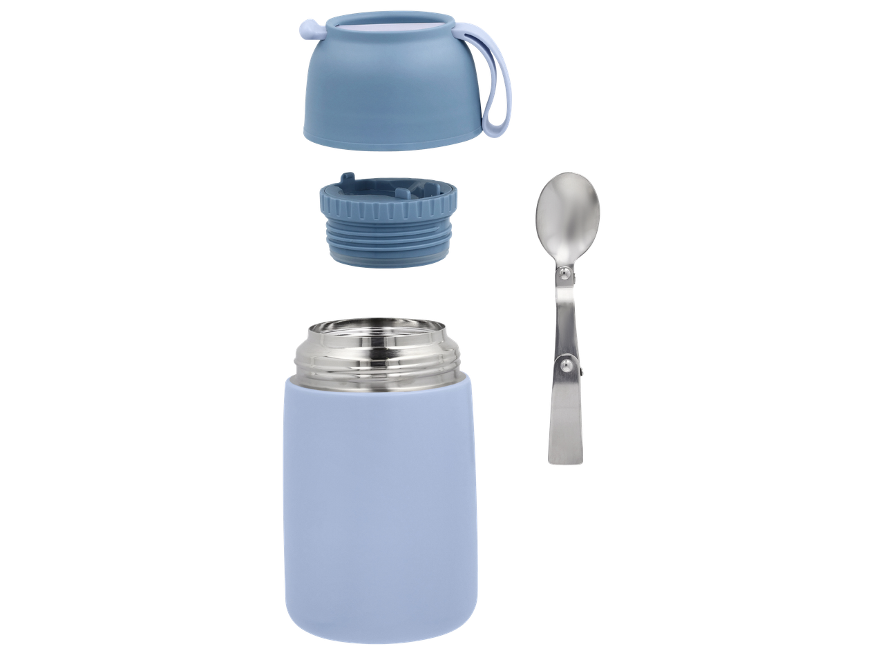 Разглобен син термос за храна с капак, тапа и сгъваема лъжица.