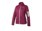 Purple knitted fleece jacket with a white zipper and a light pink arm patch