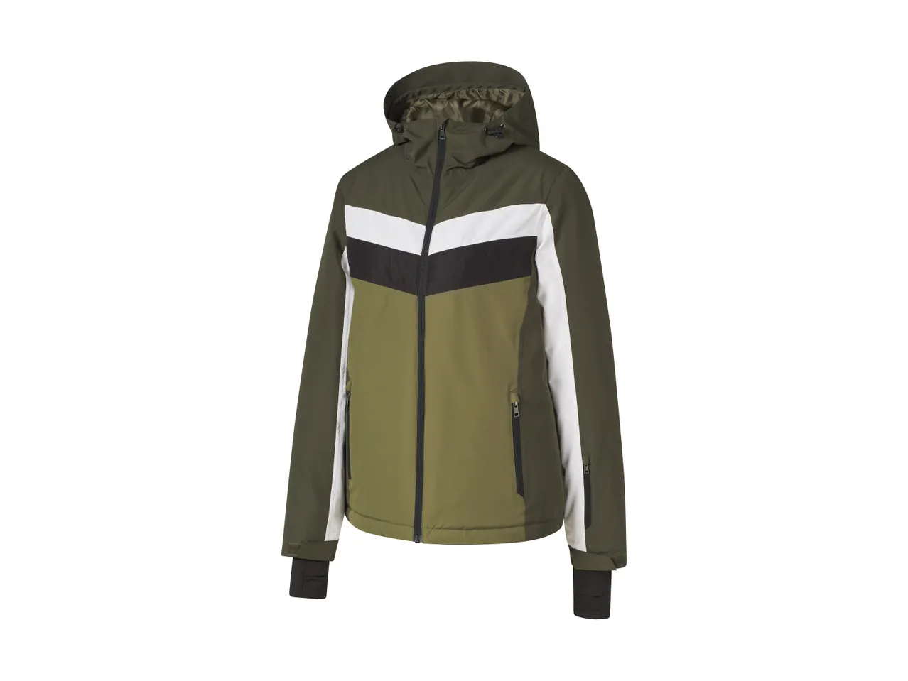 Men's ski jacket in olive green with white and black chevron stripes