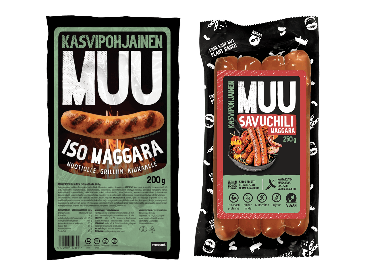 Kaksi pakkausta kasvipohjaisia makkaroita, toinen isoja makkaroita ja toinen savuchili-makkaroita.
