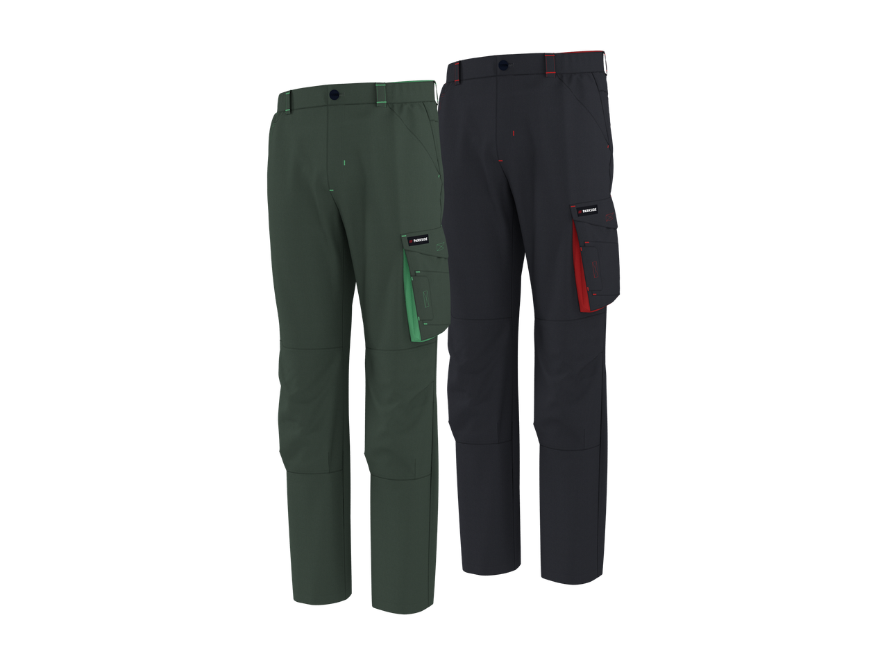 Dvoje delovnih hlač v temno zeleni in temno sivi barvi z žepi in poudarki v kontrastnih barvah.