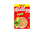 Een doos Kellogg's Maxi Smacks ontbijtgranen, met mascotte en Nutri-Score.