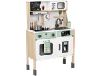 A wooden toy kitchen with a microwave, sink, stove, oven, and refrigerator with ice dispenser.