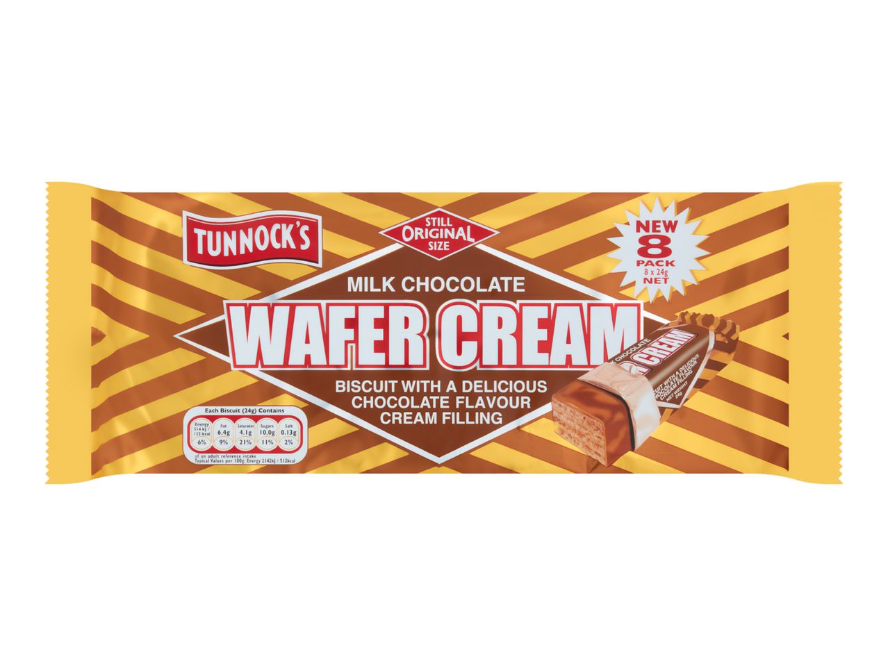 Milk chocolate wafer cream biscuits in a yellow and brown striped wrapper, 8-pack.