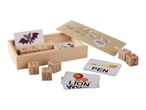 Wooden spelling game with letter blocks and picture cards for words like BAT, PEN, LION.