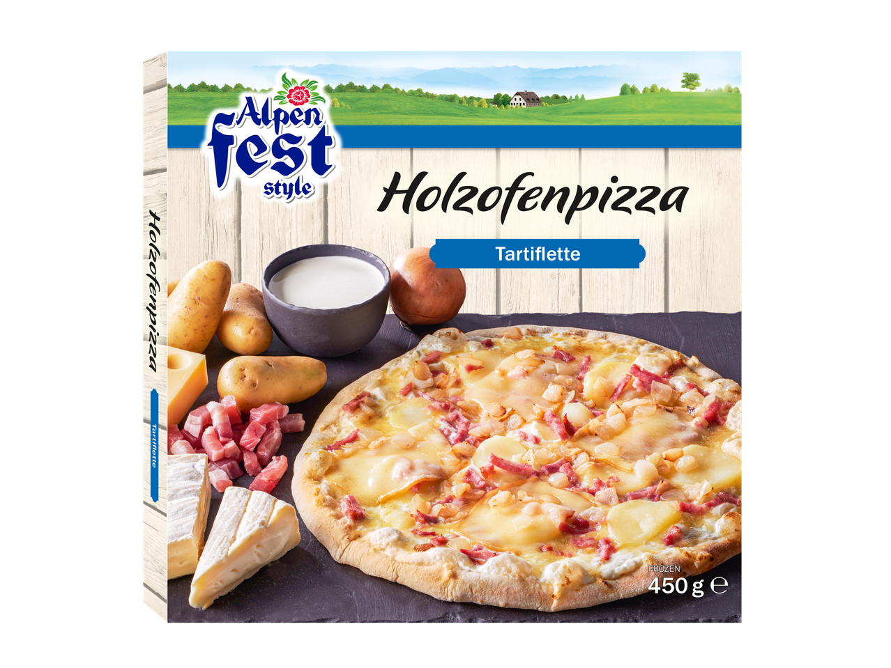 Alpen Fest style Tarttiflette Holzofenpizza met kaas en aardappelen.