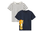 Dječje majice kratkih rukava: jedna bijela s tamnoplavim prugama, druga tamnoplava s lavom koji maše i natpisom 'HELLO!'.