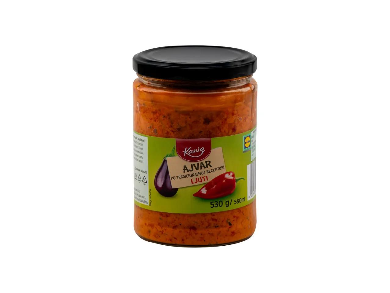 Kania Ajvar, ljuti, u staklenoj tegli sa etiketom.