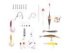 A fishing tackle set including various lures, floats, swivels, weights, and hooks.