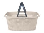 Beige plastic laundry basket with a dark gray handle.
