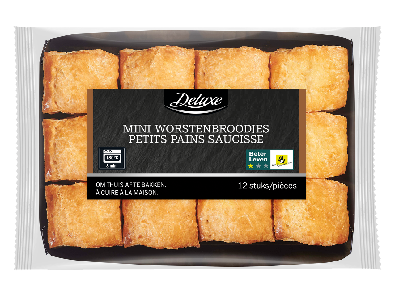 Deluxe mini worstenbroodjes in een verpakking met bakinstructies.