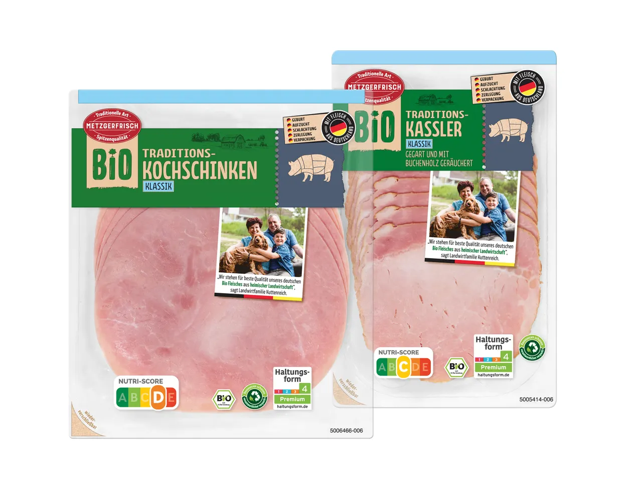 Zwei Verpackungen Bio-Kochschinken und Bio-Kassler von Metzgfrisch im traditionellen Stil.
