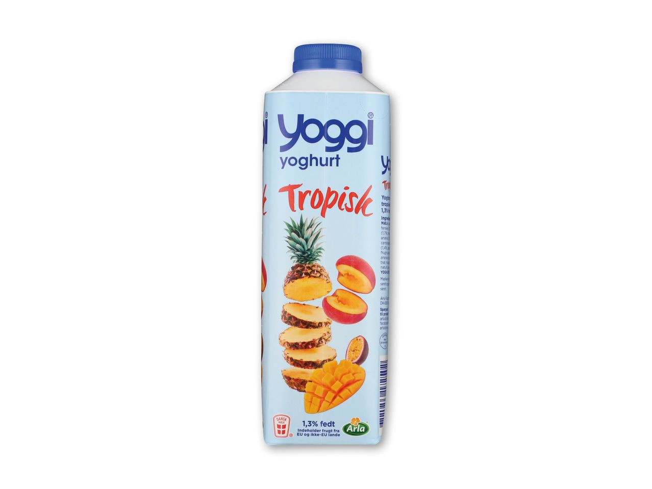 Yoghurt med tropisk frugt, ananas, fersken og mango, 1,3% fedt.