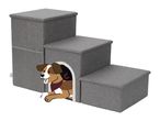 Grey fabric pet stairs with three steps and a built-in dog house compartment