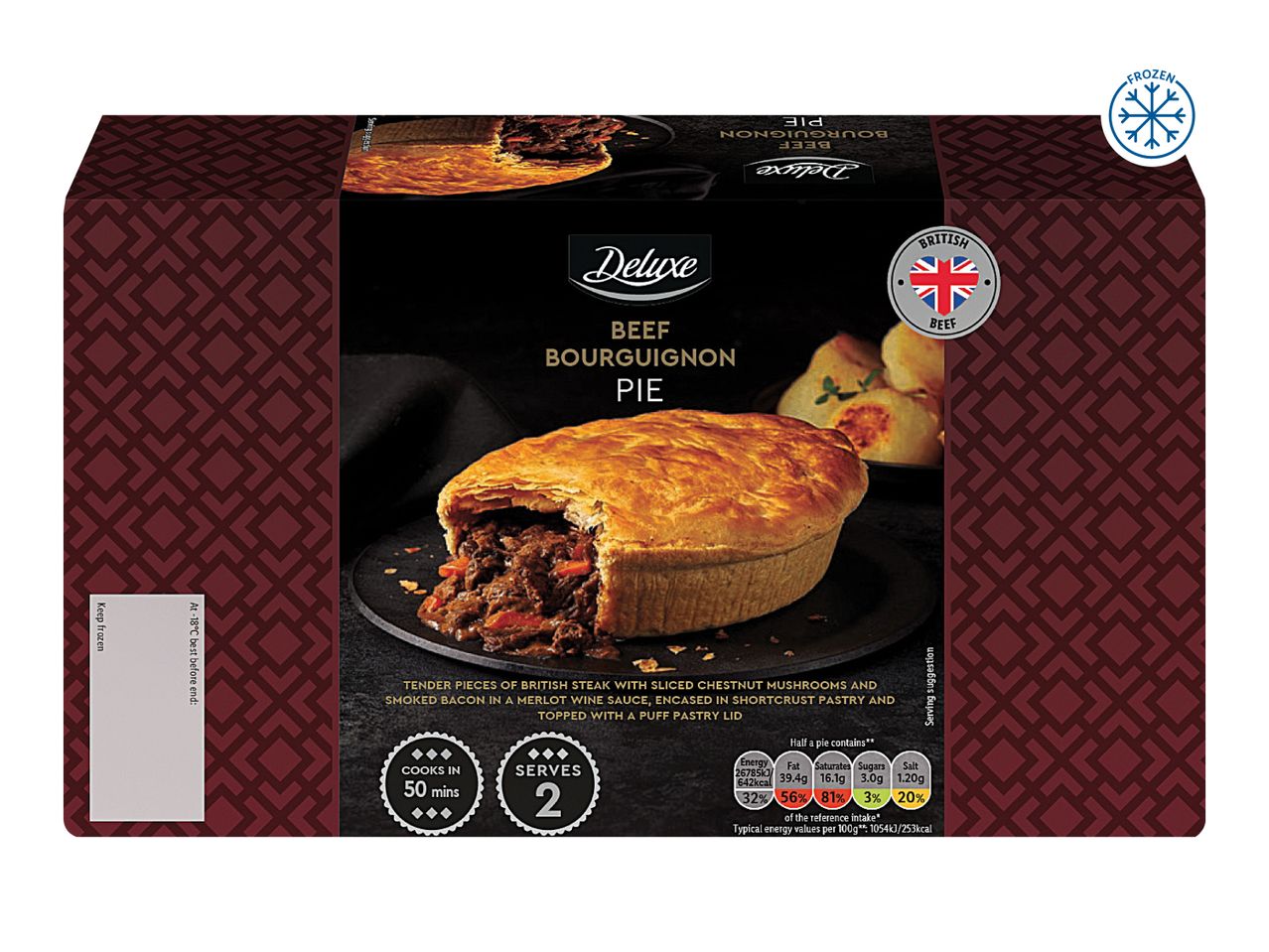 Deluxe Beef Bourguignon Pie with cooking instructions and nutritional information.