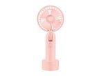 Pink portable fan with a round head and a base, standing upright.