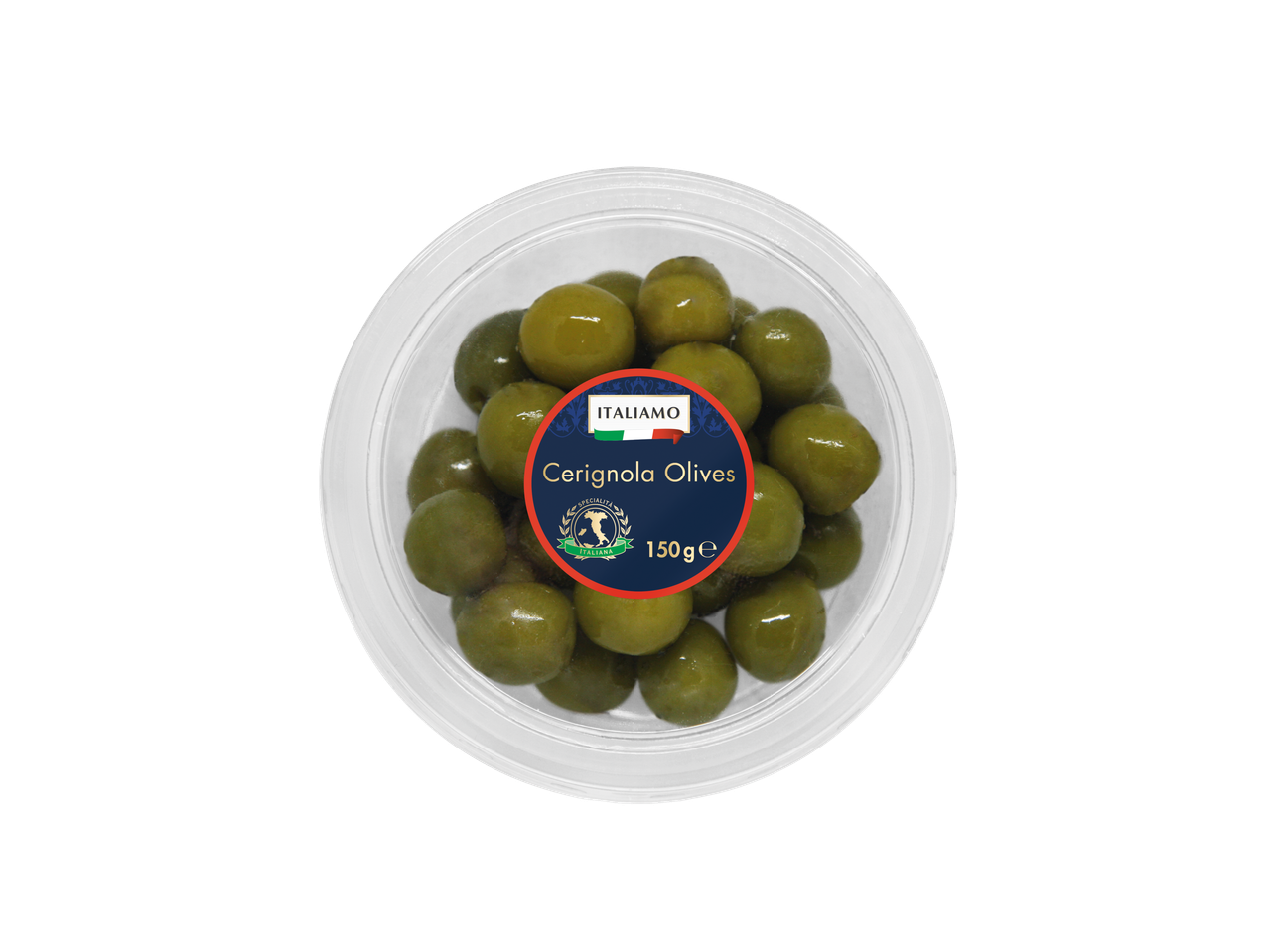 Azeitonas Cerignola Italianmo, 150g, em embalagem transparente.