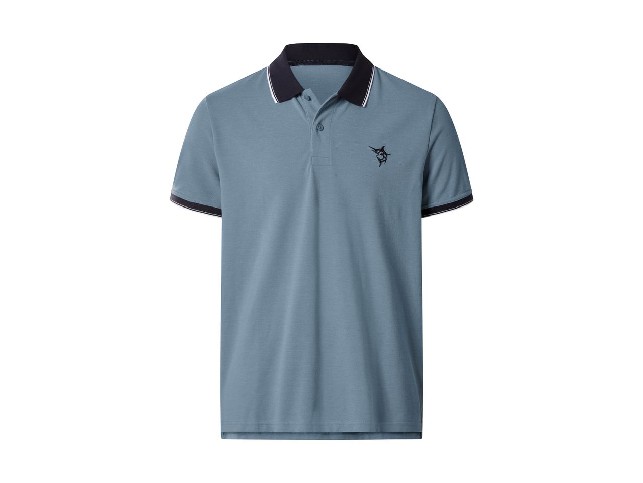 Men's blue polo shirt with a dark collar, striped cuffs, and a marlin embroidery.