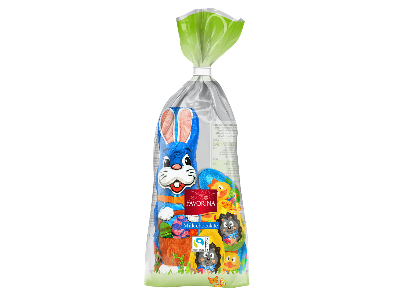 Iepurași și ouă de ciocolată cu lapte Favorina de Paște într-o pungă transparentă.