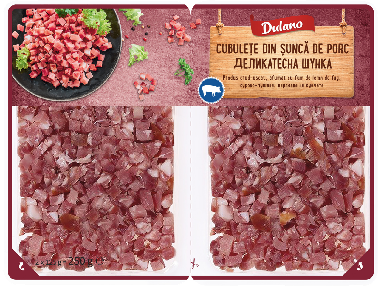 Dulano cubulețe de șuncă de porc, crud-uscată, 2x125g