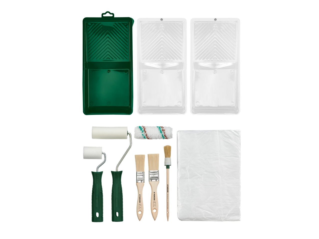 Conjunto de rolo e pincéis de pintura com tabuleiros e folha protetora.