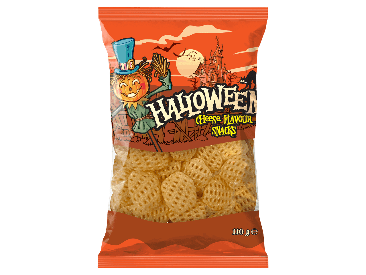Sajtos ízesítésű halloweeni sós snack 110 g-os kiszerelésben.