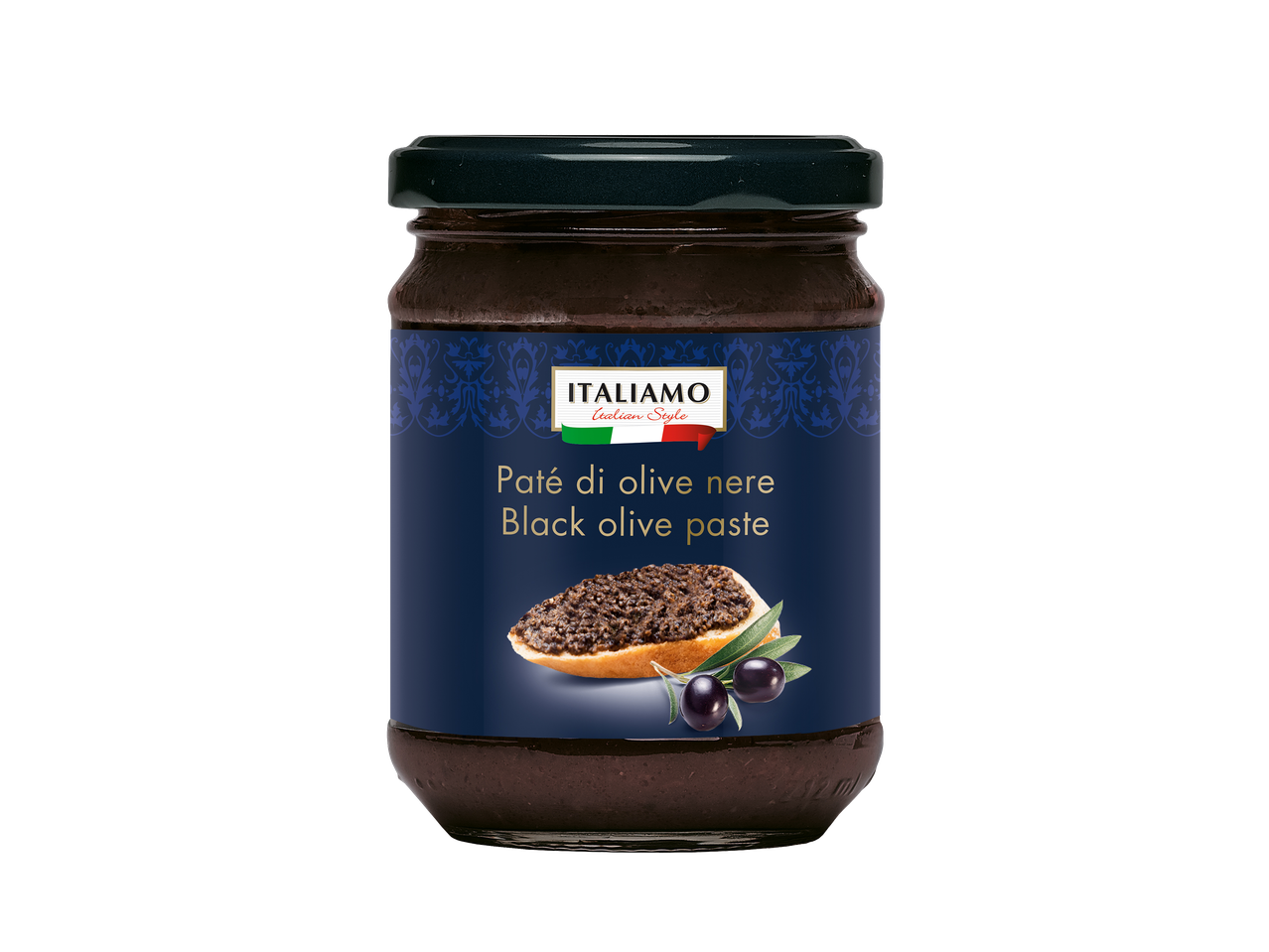 Pot de pâte d'olives noires avec une tartine et des olives sur l'étiquette.