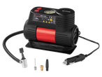 ULTIMATE SPEED® 12V Mini Compressor with accessories, including various nozzles and a car power adapter.